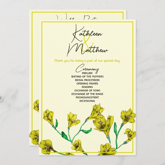 Gult Blommigt Vattenfärg Bröllop Program (Fram/baksida)