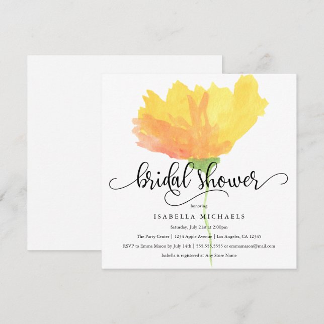 Gult Blommigt vattenfärg| Möhippa Inbjudan (Fram/baksida)