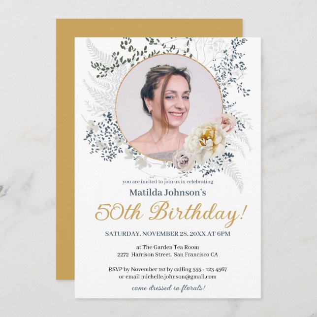 Gult Blommigt Vattenfärgfoto 50:e födelsedagen Inbjudningar (Fram/baksida)