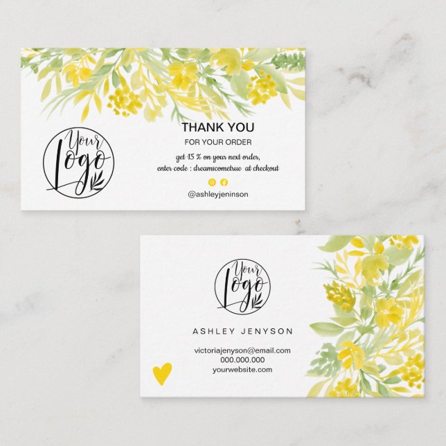 Gult blommigt, vattenfärgsfärgers coola logotyp ta visitkort (Fram/baksida)