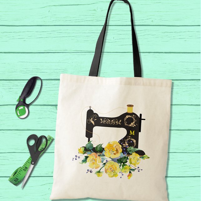 Gult Blommigt Vintage Sewing Maskin Monogram Tygkasse (Skapare uppladdad)