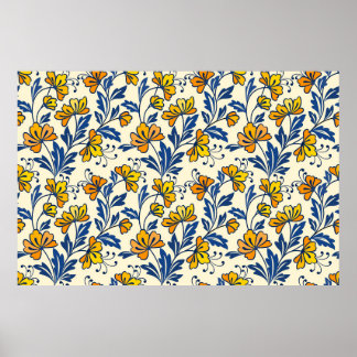 Gult Blommor och blå löv är sömlösa patroner Poster