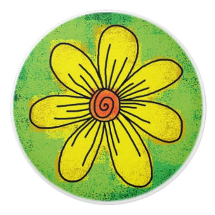 Gult Blommor på Grönt Ceramisk Dra Knopp