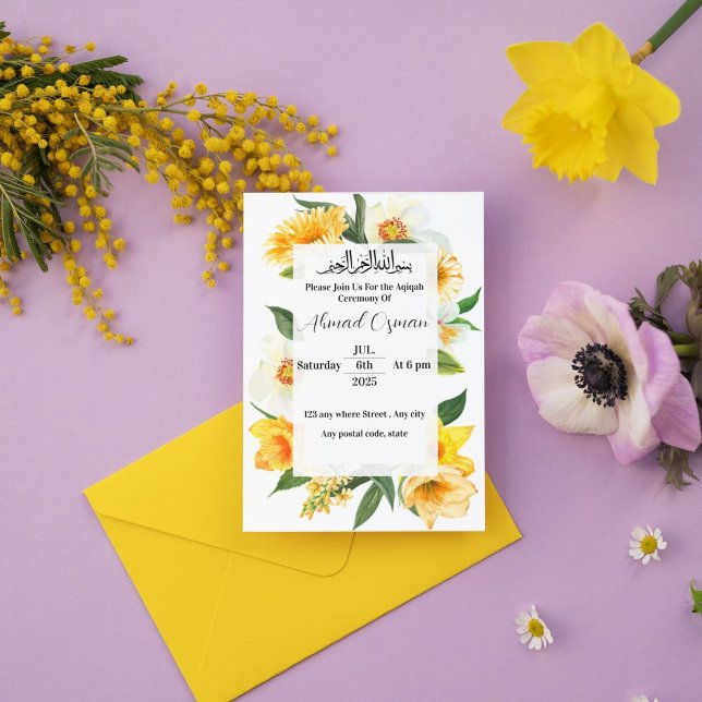 Gult Blomsterträdgård Aqiqah Ceremony Inbjudningar (Skapare uppladdad)