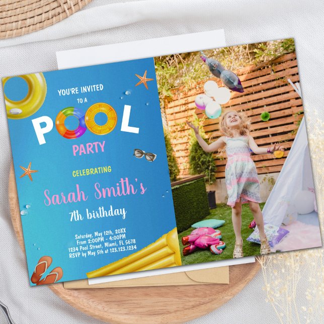 Gult Blue Bassäng Birthday-inbjudningar med foto Inbjudningar (Yellow Blue Pool Birthday Invitations with photo)