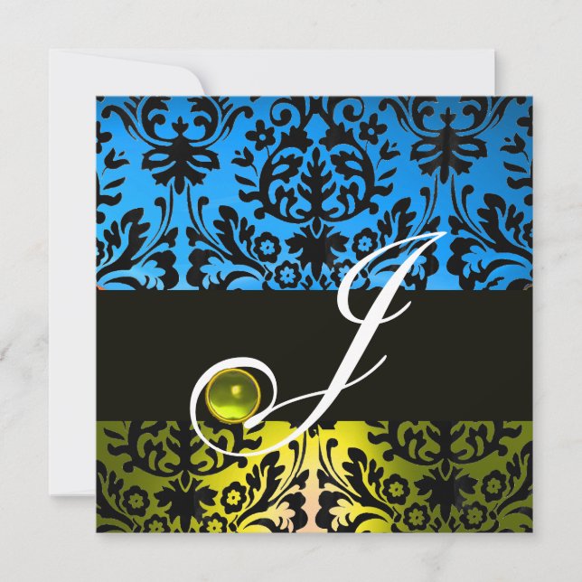 GULT BLUE BLACK DAMASK MONOGRAM Topaz Inbjudningar (Framsida)