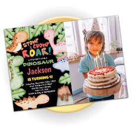 Gult Blue Black Dinosaur Birthday med foto Inbjudningar