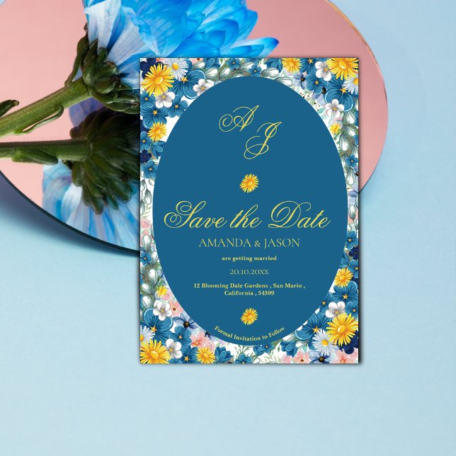 Gult Blue Blommigt Monogram Bröllop spara datum Spara Datumet (Yellow Blue Floral Monogram Wedding Save the Date Invitation)