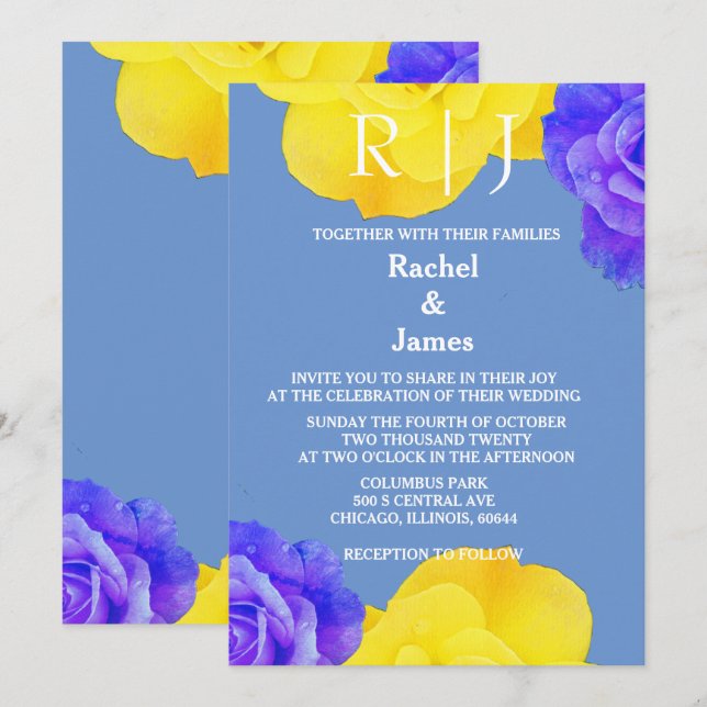 Gult Blue Blommigt Ro Flowers Elegant bröllop Inbjudningar (Fram/baksida)