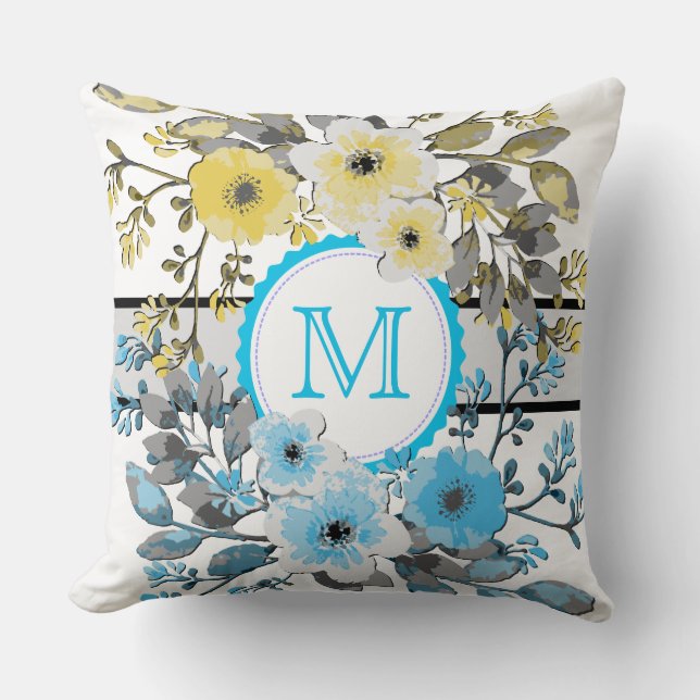 Gult Blue Blommigt Vintage Monogram Kudde (Framsida)