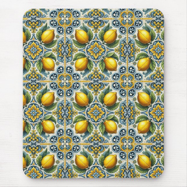 Gult Blue Capri Lemon Mediterranean Tile Mönster Musmatta (Framsidan)