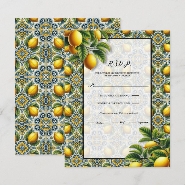Gult Blue Capri Lemon Mediterranean Tile OSA Inbjudningar (Fram/baksida)