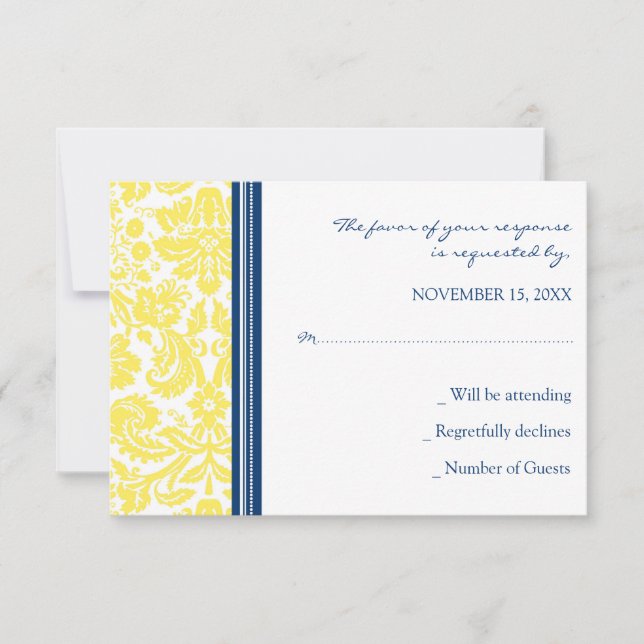 Gult Blue Damask OSA Bröllop Card (Framsida)
