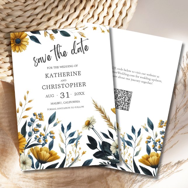 Gult Blue Elegant Wildblomma Bröllop Spara Datumet (Blue Yellow Wildflower Floral Elegant Save the Date Card with QR Code for Wedding Website.)