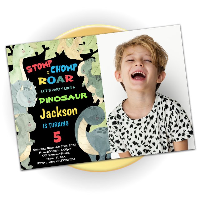 Gult Blue Grönt Dinosaur Birthday med Photo Inbjudningar (Yellow Blue Green Dinosaur Birthday With Photo Invitation)