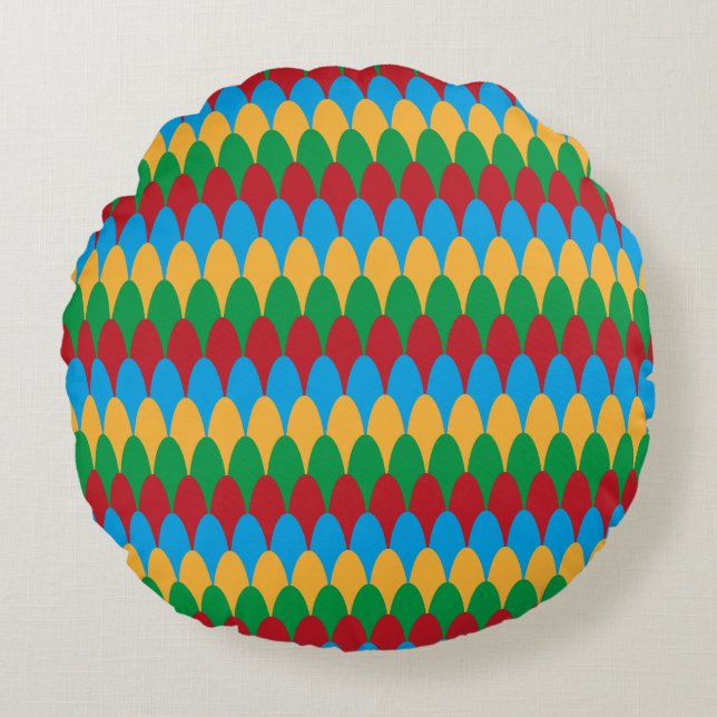 Gult Blue Grönt och Red Geometric Scallops Rund Kudde (Framsidan)