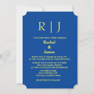 Gult Blue Monogram Minimal Elegant bröllop Inbjudningar