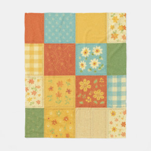 Gult Blue Patchwork Quilt Rustic Farmhouse Flora Fleecefilt