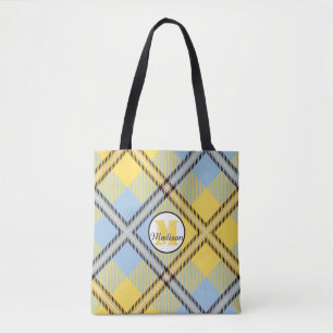 Gult Blue Play Tartan Monogram Script Bröllop Tygkasse
