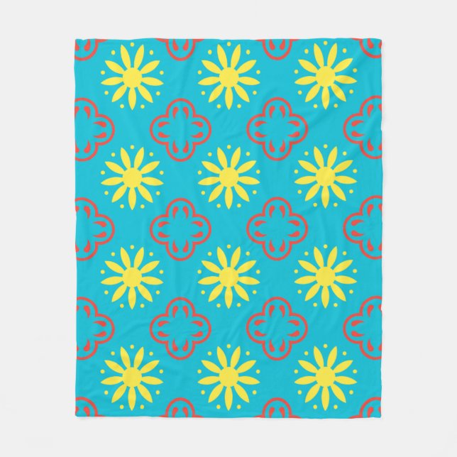Gult Blue Red Blommigt Petal Moroccan Mönster Fleecefilt (Framsidan)