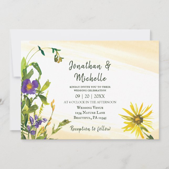 Gult Blue Rustic Wildblommor Christian Bröllop Inbjudningar (Framsida)