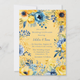 Gult Blue Watercolor Peony Bröllop Inbjudningar