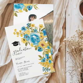 Gult Blue Watercolor Wildblomma Studenten Photo Inbjudningar