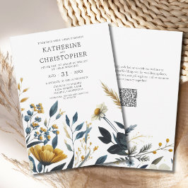Gult Blue Watercolor Wildblommor Elegant bröllop Inbjudningar