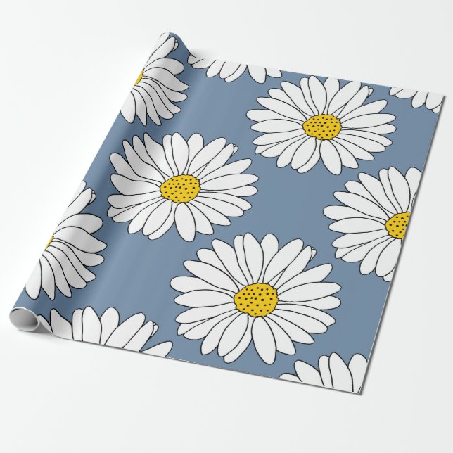 Gult Blue White Daisy Mönster Presentpapper (Utrullad)