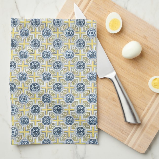 Gult Blue White Geometric Mönster Kitchen Towel Kökshandduk (Vikt i Fjärdedel)
