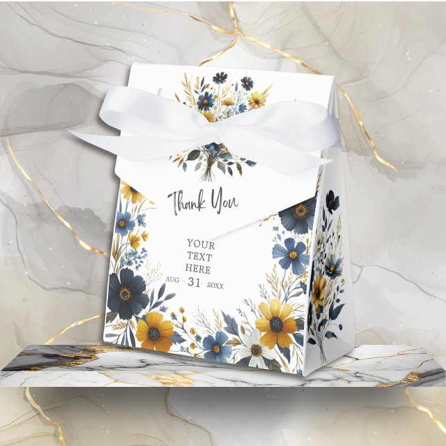 Gult Blue Wildblomma Elegant Party Tack Presentaskar (Blue Yellow Elegant Wildflower Thank You Favor Box with White Bow for event party gifts or treats.)