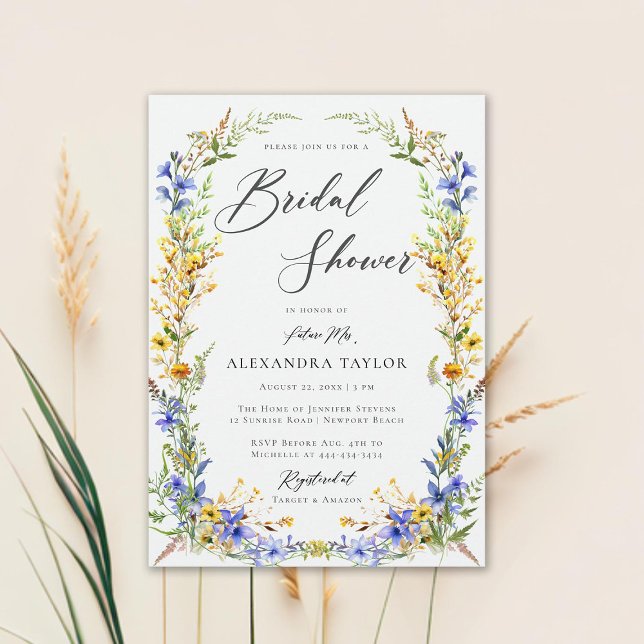 Gult Blue Wildblommor Boho Blommigt Möhippa Inbjudningar (yellow wildflowers bridal shower invitation elegant rustic modern boho romantic floral frame)