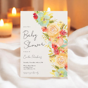 Gult boho Chic Blue Blommigt Vinter babydusch Inbjudningar