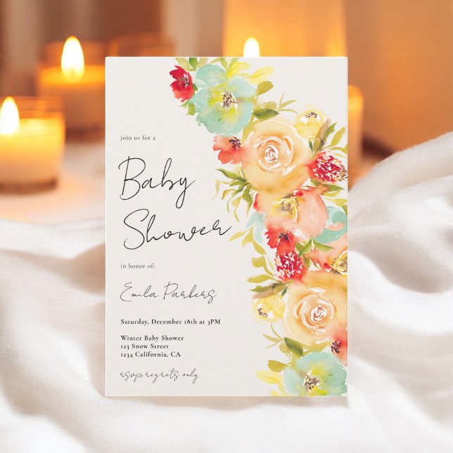 Gult boho Chic Blue Blommigt Vinter babydusch Inbjudningar (Yellow boho Chic Blue Floral Winter baby shower Invitation)