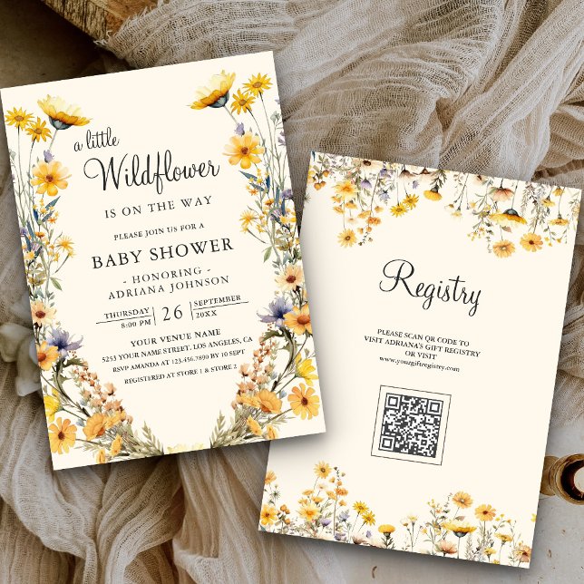 Gult Boho Wildbloms Blommigt QR-kod Babykläder Inbjudningar (Skapare uppladdad)