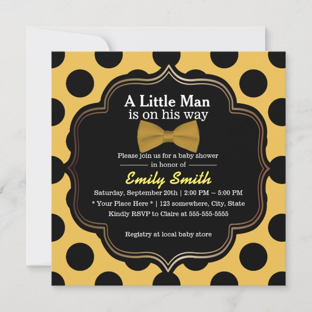 Gult Bow Tie Polka dots Little Man Baby Shower Inbjudningar (Framsida)