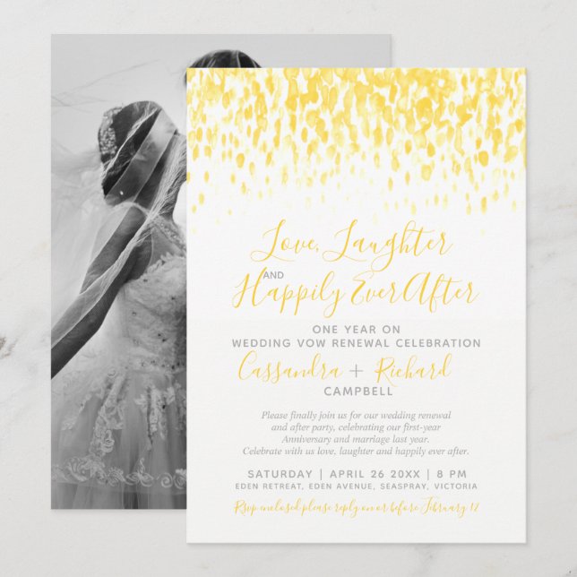 Gult bröllop - förnyelse ett år lyckligtvis efter inbjudningar (Fram/baksida)
