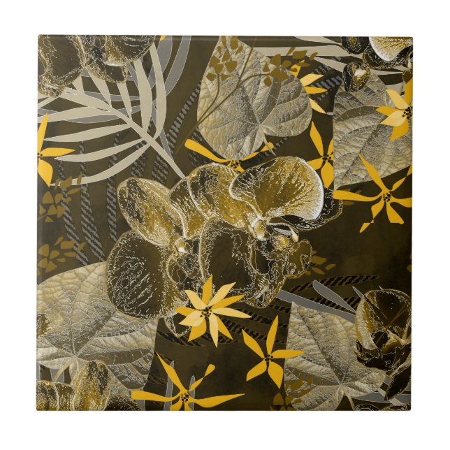 Gult-brunt mönster i vattenfärgen blommigt. kakelplatta (Framsidan)