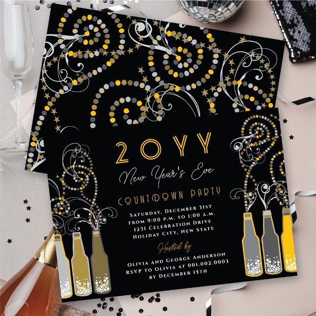 Gult Bubly Flaskor Swirls Nyårsafton Party Inbjudningar (Yellow Bubbly Bottles Swirls New Year's Eve Party Invitation @ fat_fa_tin)