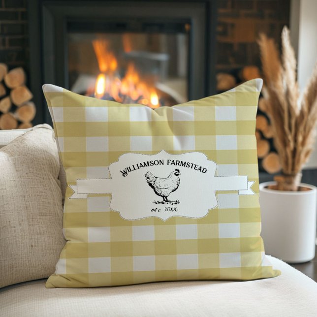 Gult Buffalo Play Farm Chicken Dekorativ kudde (Yellow Buffalo Plaid Farm Chicken Throw Pillow)