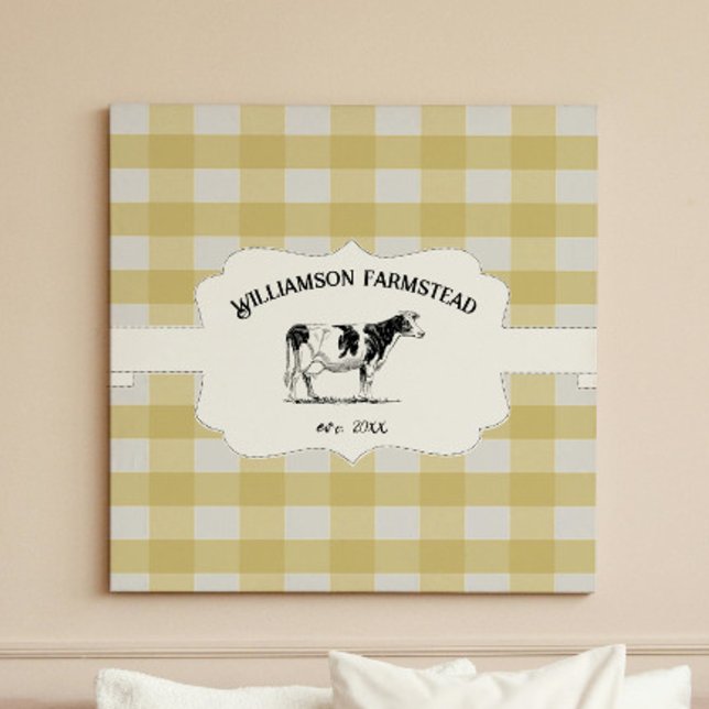 Gult Buffalo Play Farm Cow Kanvastryck (Yellow Buffalo Plaid Farm Cow Canvas Print)