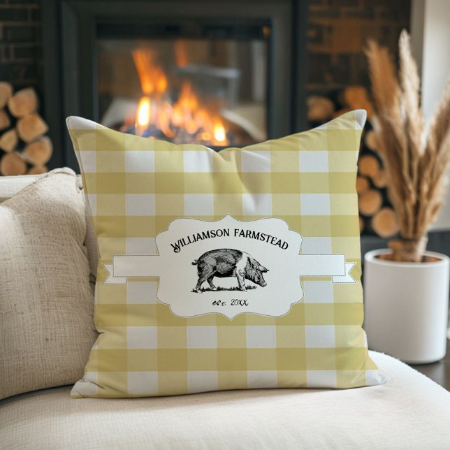 Gult Buffalo Play Farm Gris Dekorativ kudde (Yellow Buffalo Plaid Farm Pig Throw Pillow)