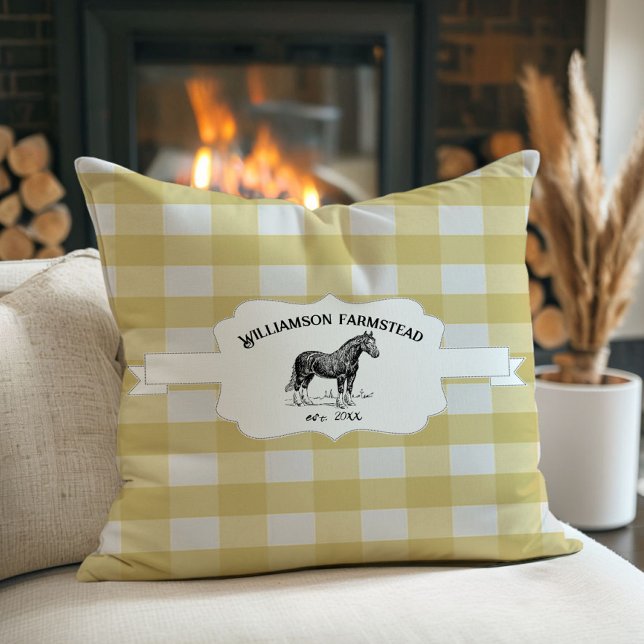 Gult Buffalo Play Farm Horse Kudde (Yellow Buffalo Plaid Farm Horse Throw Pillow)