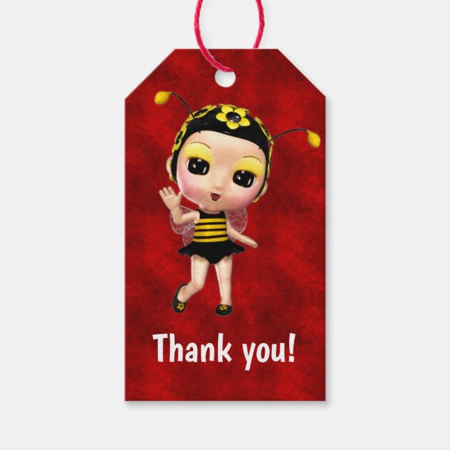 Gult Bumblebee Fairy Doll på Red Velvet Presentetikett (Framsidan)