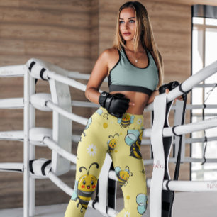 Gult Bumblebees-Blommigt mönster Lagar Leggings