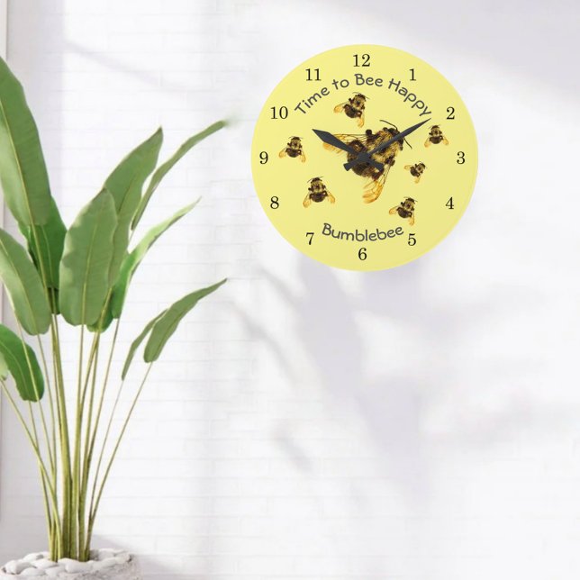 Gult Bumblebees Time to Bee Lycklig Anpassade Stor Klocka (Skapare uppladdad)