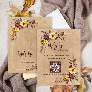 Gult & Burgundy Blommigt QR-kod för bröllop OSA Kort