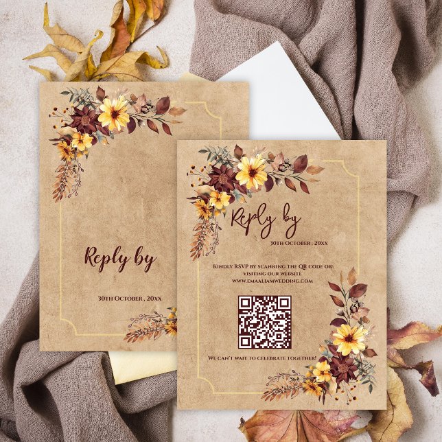 Gult & Burgundy Blommigt QR-kod för bröllop OSA Kort (Yellow & Burgundy Floral QR Code Fall Wedding RSVP Card)
