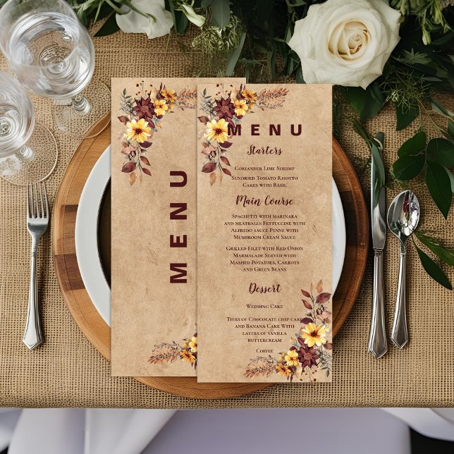 Gult Burgundy Fall bröllopsmottagningsmeny Meny (Yellow Burgundy Fall Wedding Reception Dinner Menu)