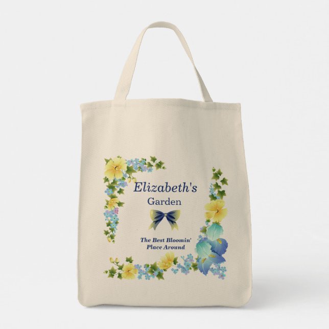 Gult Buttercups och Blue Iris Tote Bag Tygkasse (Baksida)